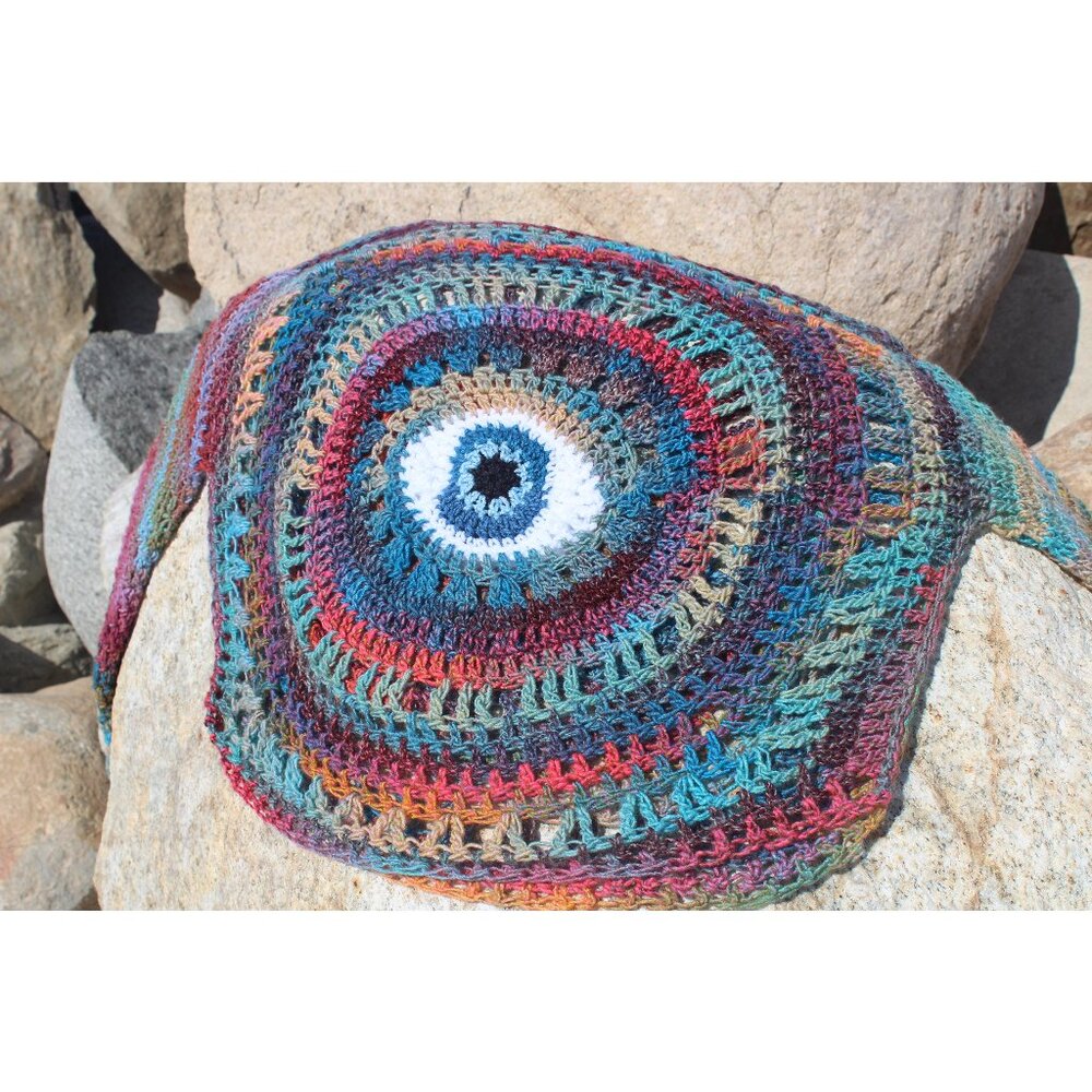 Crochet Handmade Evil Eye Third Eye Boho Hippie Pullover Sweater S/M/L Colorful